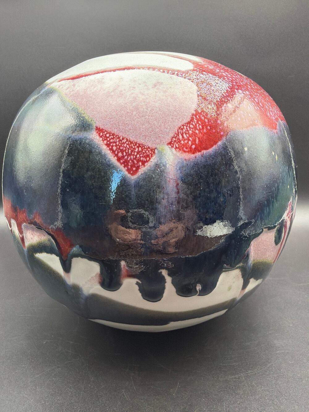 Signed Studio Pottery Art Vase Earthwork West Sacramento CA Red Black Drip Glaze